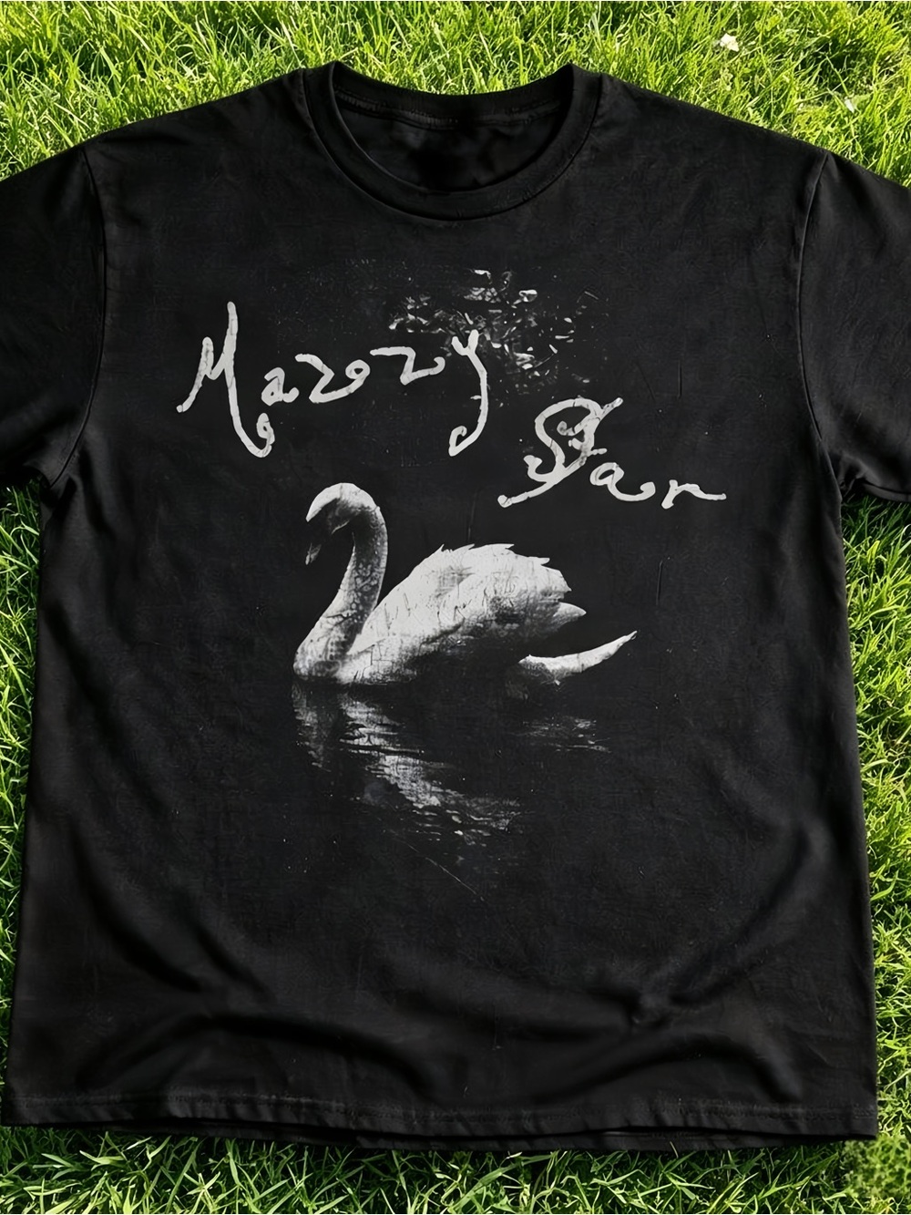 Y2K independent band Mazzy Star swan print black unisex T-shirt, loose fit.
